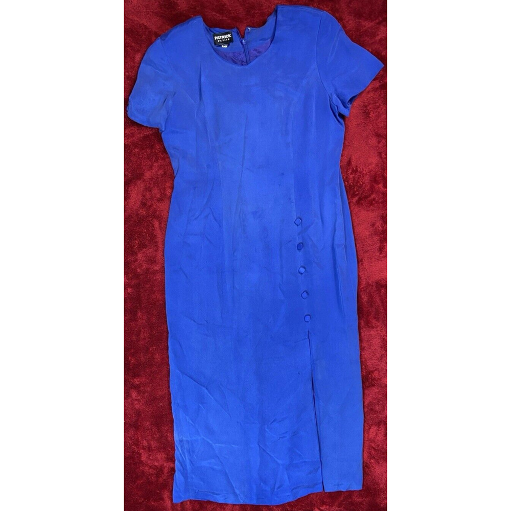 Patrick Petite Collection Size 14 Blue Midi Silk Front Slit Short Sleeve Dress